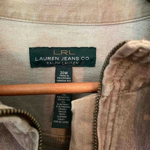 Lauren Jeans Co. Leather Trim Tan Denim Jacket, size 20W - Picture 2 of 10